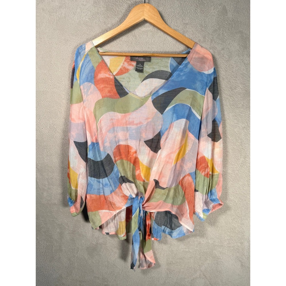 Olivia & Martin Womens 2X Abstract Print Tie Front V-Neck Blouse Multicolor Top
